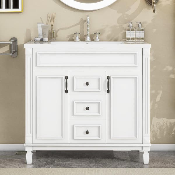 Unbranded 36 in. W x 18 in. D x 34 in. H Freestanding Bath Vanity in White with White Cultured Marble Top