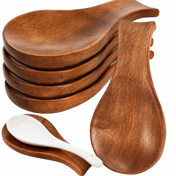 Brown Solid Wood Spoon Rest Set of 4 Heat Resistant Utensil Holders 7 in by 3.7 in for Kitchen Countertops