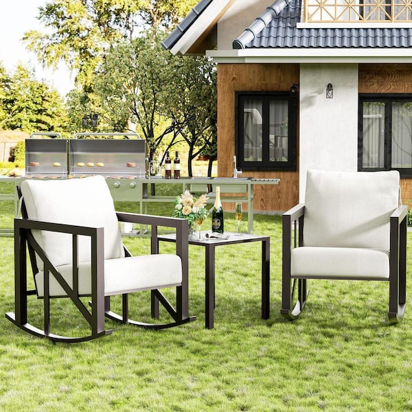 DIGITIME Natural Metal Outdoor Rocking Chair with Beige Neutral Cushion