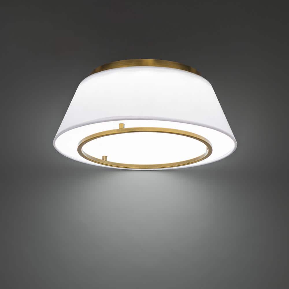 Hailey 16" Aged Brass LED Flush Mount with White Fabric Shade