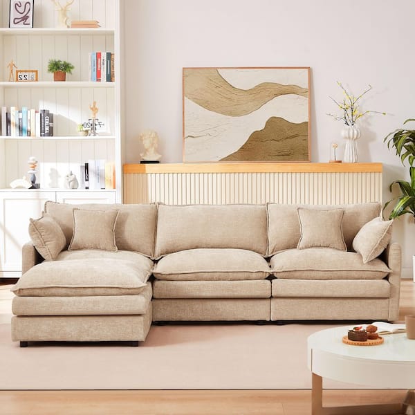 Luxury 105 in. Square Arm 4-piece Chenille with Ottoman Sectional Sofa in. Light Brown