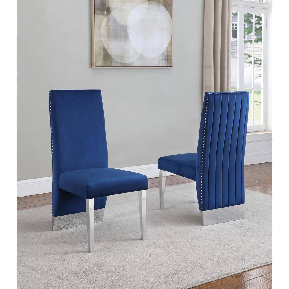 Silver Stainless Steel 9 Piece Dining Set with White Marble Table and Navy Velvet Chairs