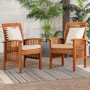 Modern Slat-Back Brown Acacia Wood Outdoor Lounge Chair with Beige Cushions for Outdoor Use Backyard (2-Pack)
