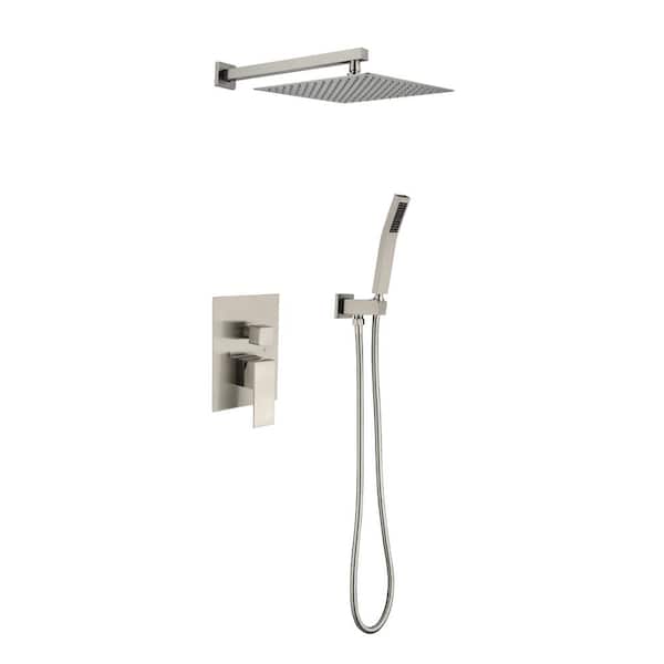 Unbranded Single Handle 1-Spray Pattern 12 in. Square Shower Faucet 2.5 GPM,Shower Combo Set w/ Pressure Balance in Brushed Nickel
