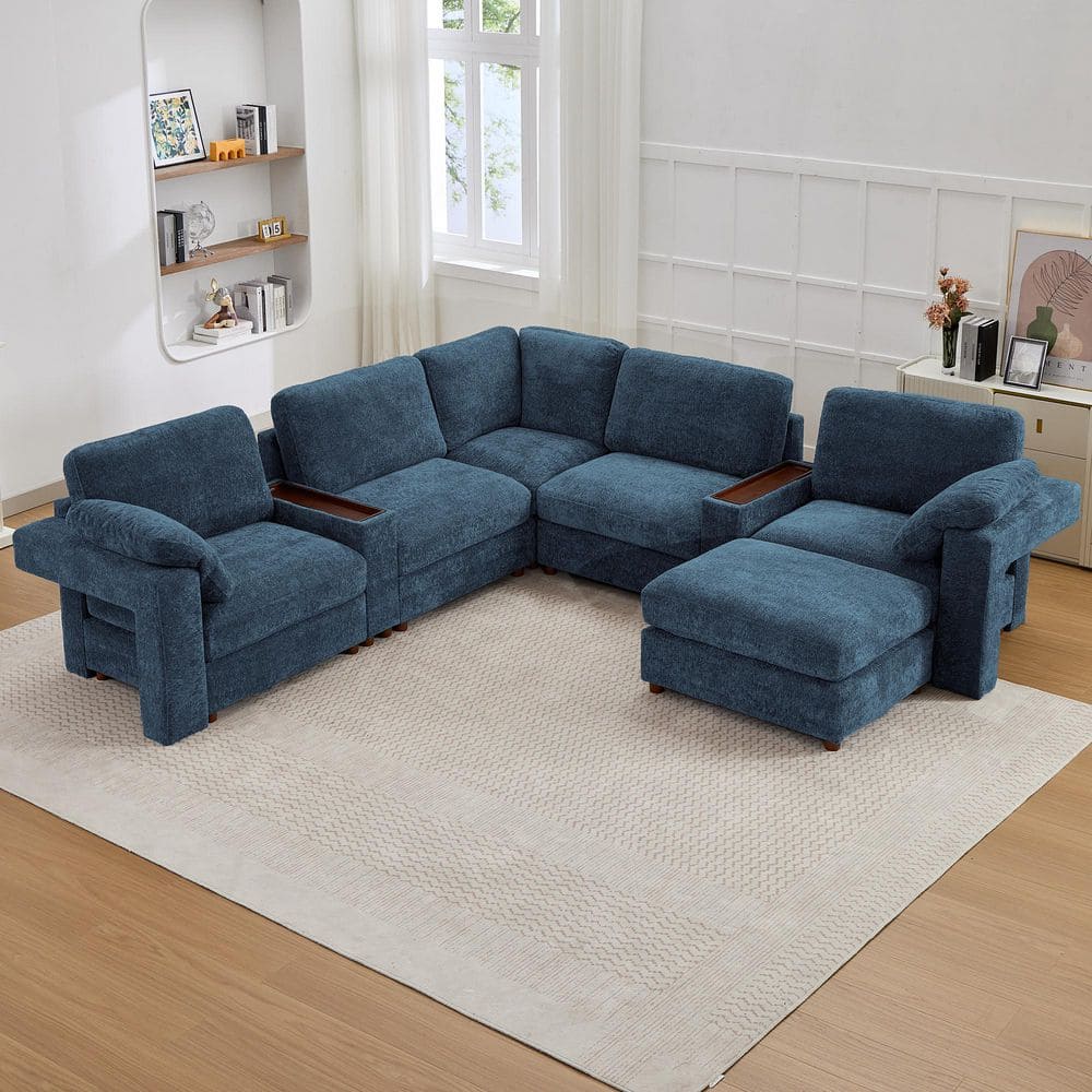 Seafuloy 121 in. Straight Arm 6-Piece Chenille Oversized Modular