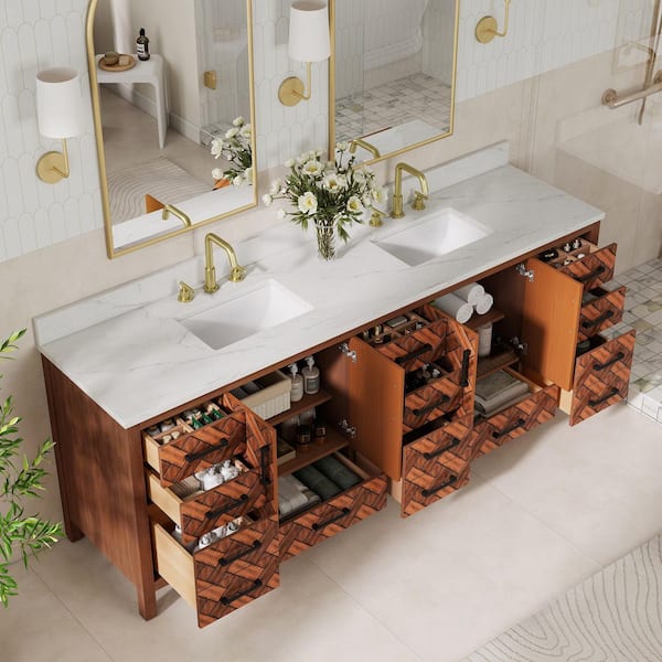 84 in. W x 22 in. D x 34 in. H Freestanding Caramel Woven Brown Bath Vanity with White Engineered Stone Top, Eco Wood