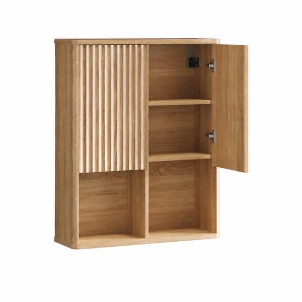 Modern Wall-Mounted Over Toilet Storage Cabinet with Fluted Wood Design 2 Doors Adjustable Shelves 23