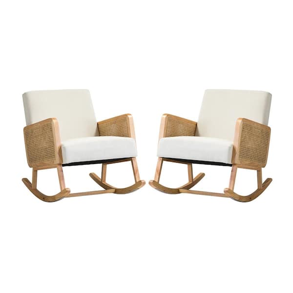 JAYDEN CREATION Williams Beige Rocking Chair with Rattan Arms (Set of 2)