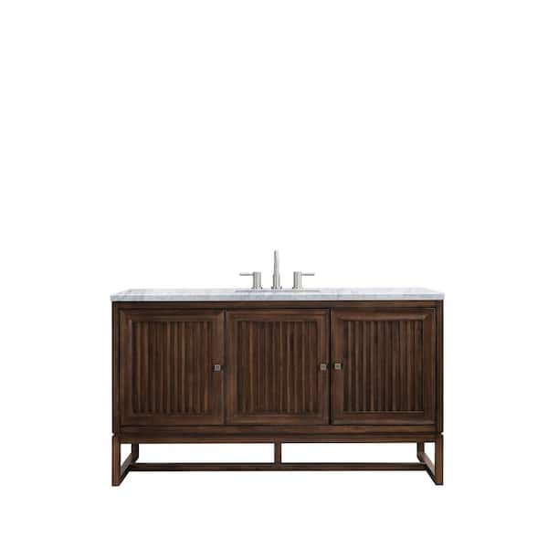 James Martin Vanities Athens 60 in. W x 23.5 in. D x 34.5 in. H Bath Vanity in Mid Century Acacia with Carrara White Marble Top and Basin