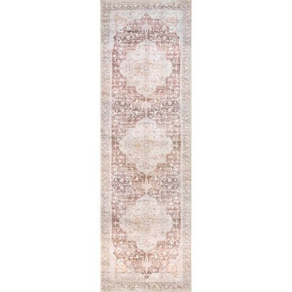 nuLOOM Rosa Machine Washable Distressed Vintage Medallion Light Pink 3 ft. x 10 ft. Traditional