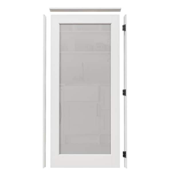 36 in. x 80 in. 1-Lite Frosted Glass Left Handed White Solid Core MDF Door with Quick Assemble Jamb Kit