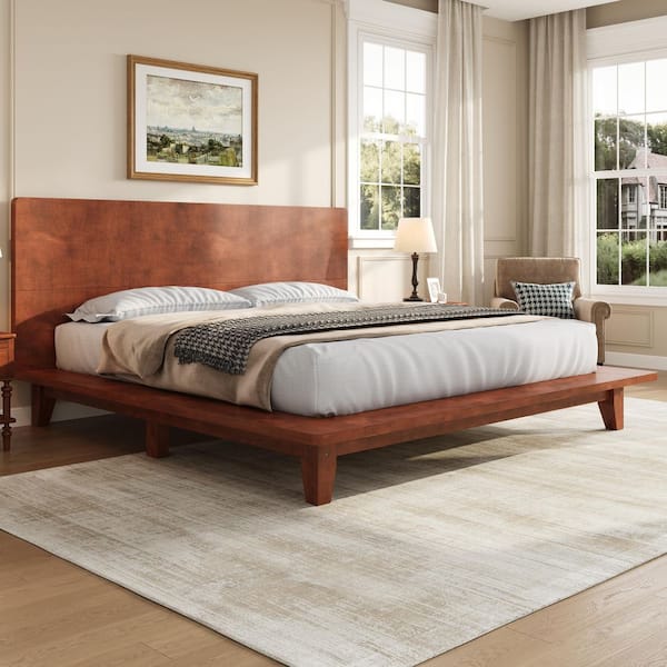 Hazel Modern Brown Wood Frame King Size Platform Bed with Headboard Wood Slat Support