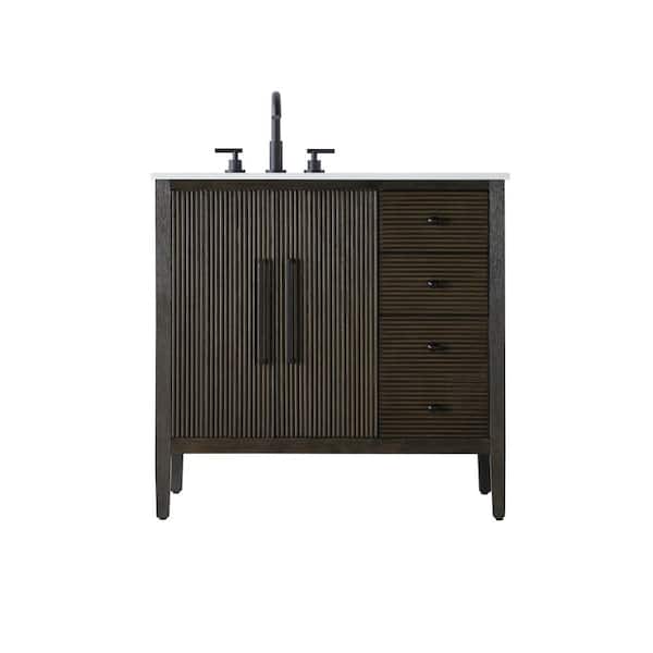36 in. Single Sink Chocolate Oak Bath Vanity with White Engineered Marble Top