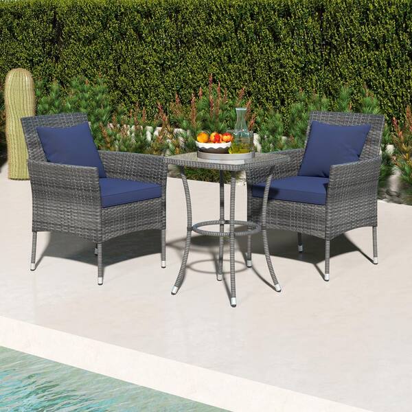 ANGELES HOME 3-Piece Wicker PE Rattan Patio Conversation Set with Navy Cushions Tempered Glass Coffee Table