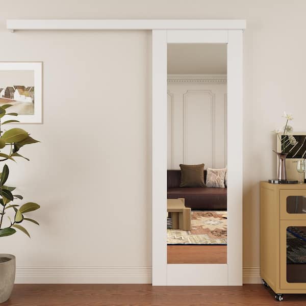 28 in. x 80 in. 1-Lite Full Length Mirrored Glass White Primed MDF Hidden Track Sliding Barn Door with Hardware Kit