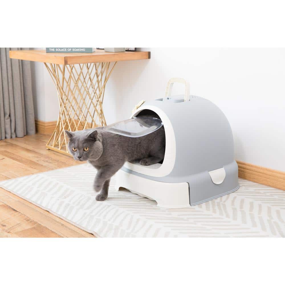 Gray and White Fully Enclosed Hooded Litter Pan with Front Entry