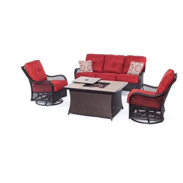 Hanover Orleans 4-Piece All-Weather Wicker Patio Fire Pit Seating Set with Autumn Berry Cushions