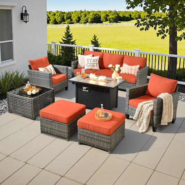 Daphne 7-Piece Wicker Outdoor Patio Conversation Sofa Seating Chair Set with Metal Fire Pit and Orange Red Cushions
