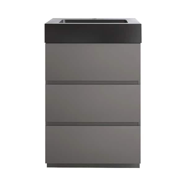 JimsMaison 24 in. W x 18 in. D x 37 in. H Freestanding Bath Vanity in Grey with Black Solid Surface Top