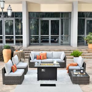 Sanibel Gray 8-Piece Wicker Patio Conversation Sofa Sectional Set with a Metal Fire Pit and Light Gray Cushions