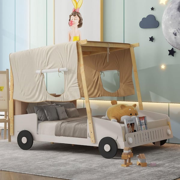 Harper & Bright Designs Natural Wood Frame Full Size Car-Shaped Platform Bed with Cushioned Headboard, Ceiling Cloth and LED