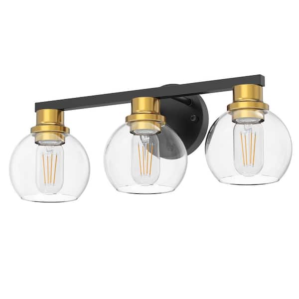 Briignite 19 in. Black and Gold 3-Light Bathroom Vanity Light, LED Powder Room Lighting for Dressers with Clear Globe Shades