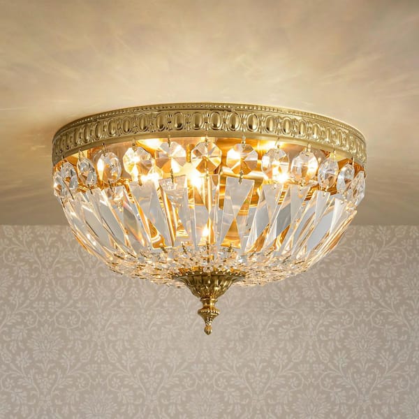 Averee 13 in. 3-Light Brass Vintage Cone Crystal Flush Mount Light