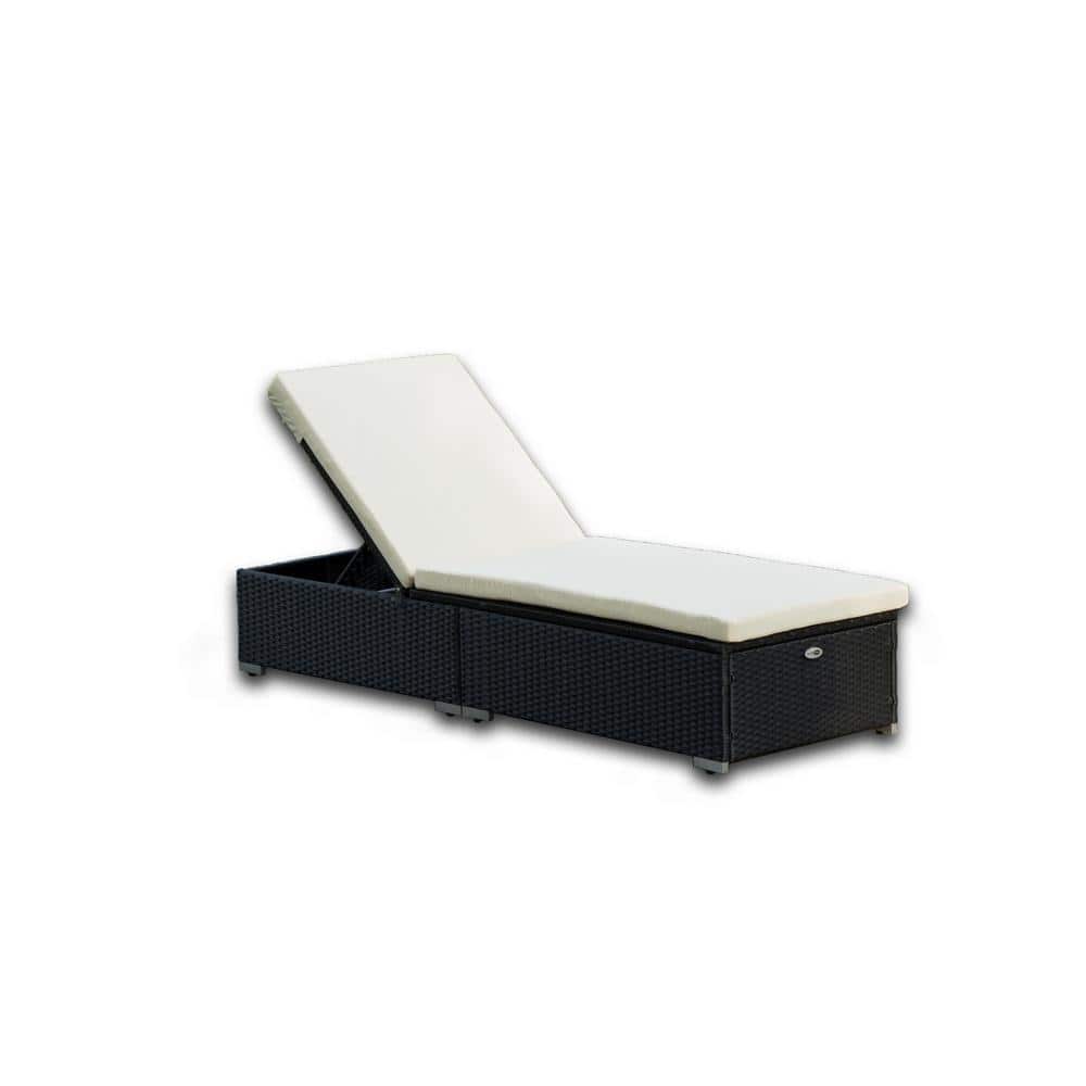 Black Modern Wicker Outdoor Chaise Lounge with Beige Cushions