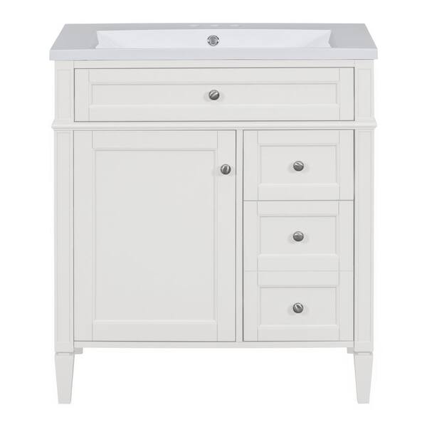 JimsMaison 30 in. W x 18 in. D x 33 in. H Single Sink Freestanding Bath Vanity in White with White Ceramic Top