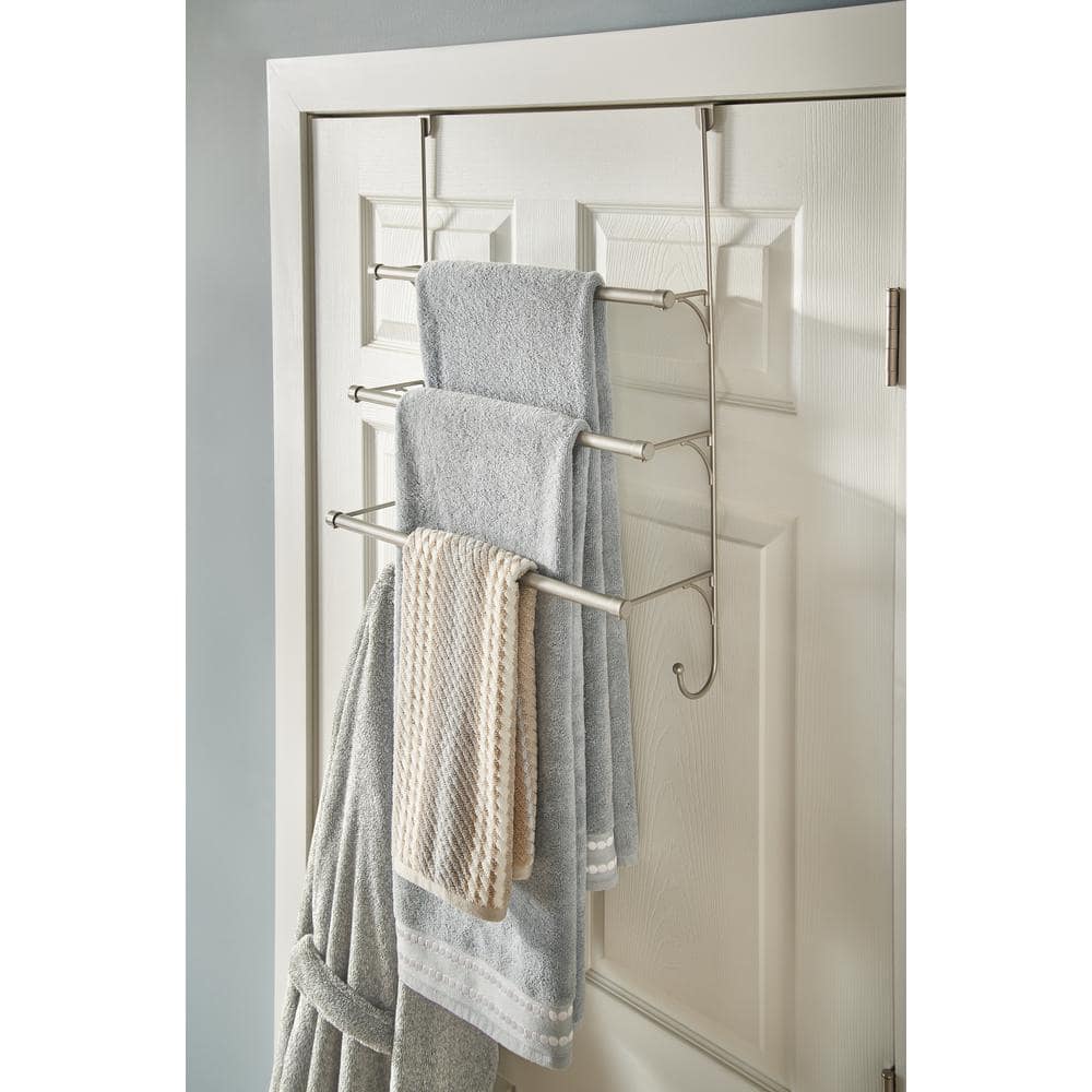 Brushed Nickel Over-the-Door Triple Towel Rack with Hooks