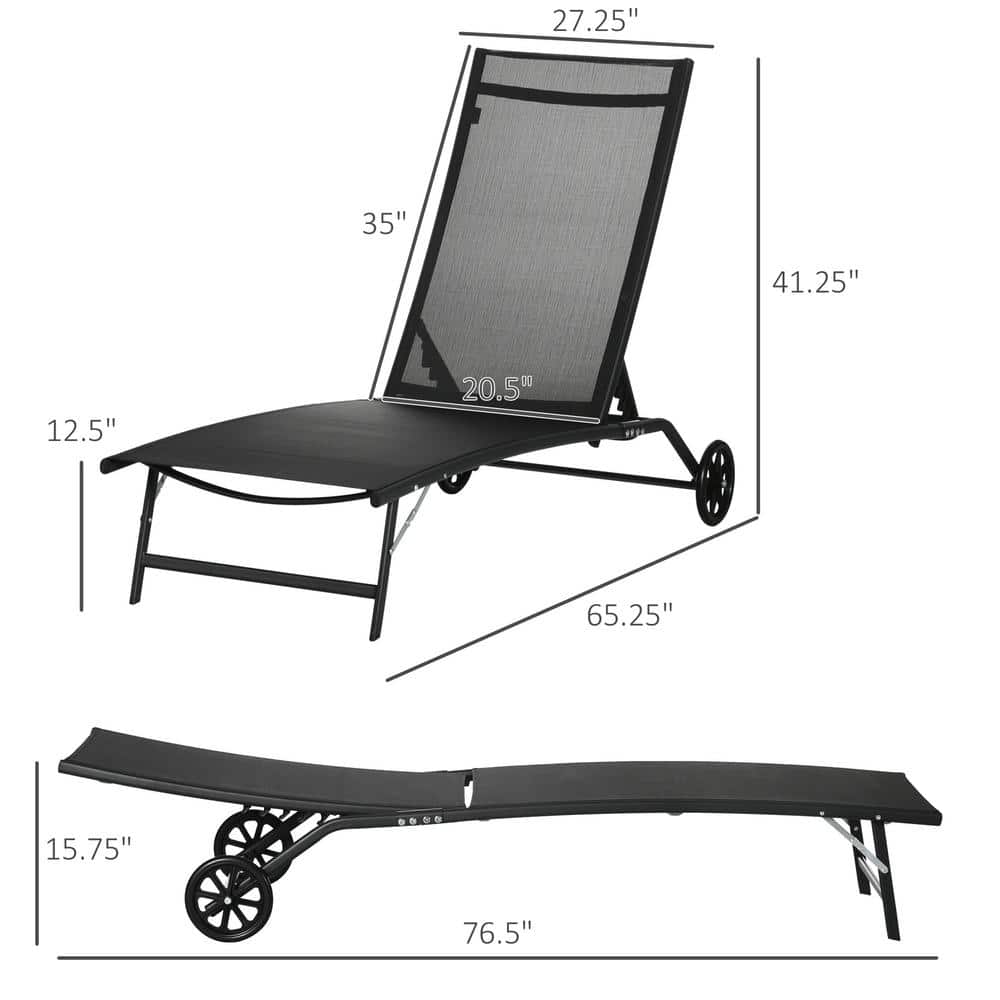 Black Mesh Adjustable Outdoor Chaise Lounge Set with Wheels