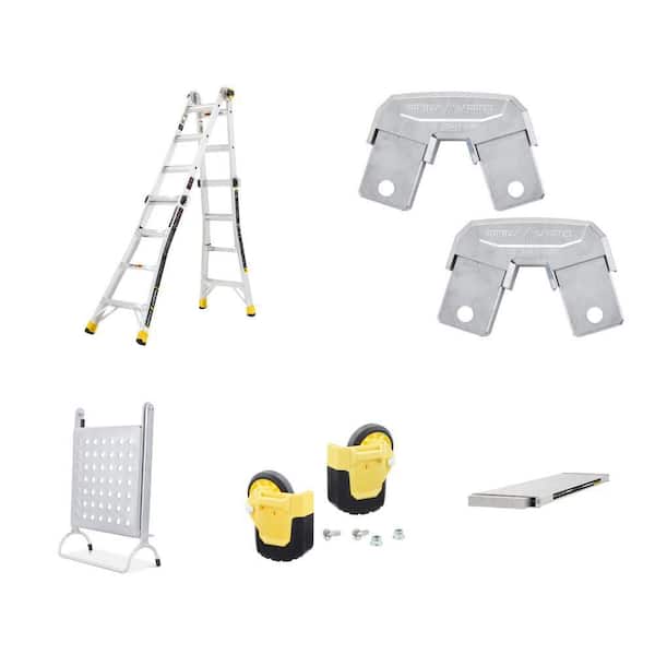 18 ft. Reach Ladder, Rail Brackets, Step Platform, Wheel Kit and 6 ft. to 14 ft. Scaffolding Plank Combo
