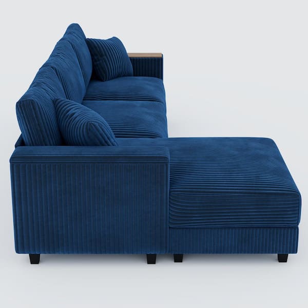 Kim 114.56 in. Corduroy Upholstery L-Shaped Sectional Sofa in. Antique Blue, Hidden Storage, Reversible Chaise, Pillows