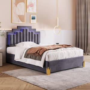Gray Wood Frame Full Size Velvet Upholstered Platform Bed with Stylish Irregular Metal Legs, LED Lights and 4 Drawers