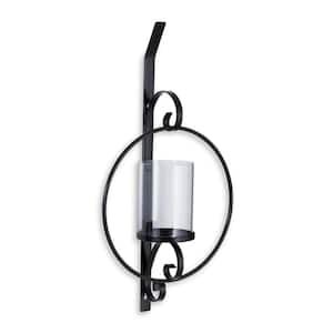 Black Metal Wall Sconce Candle Holder with Glass Hurricane and Keyhole Bracket