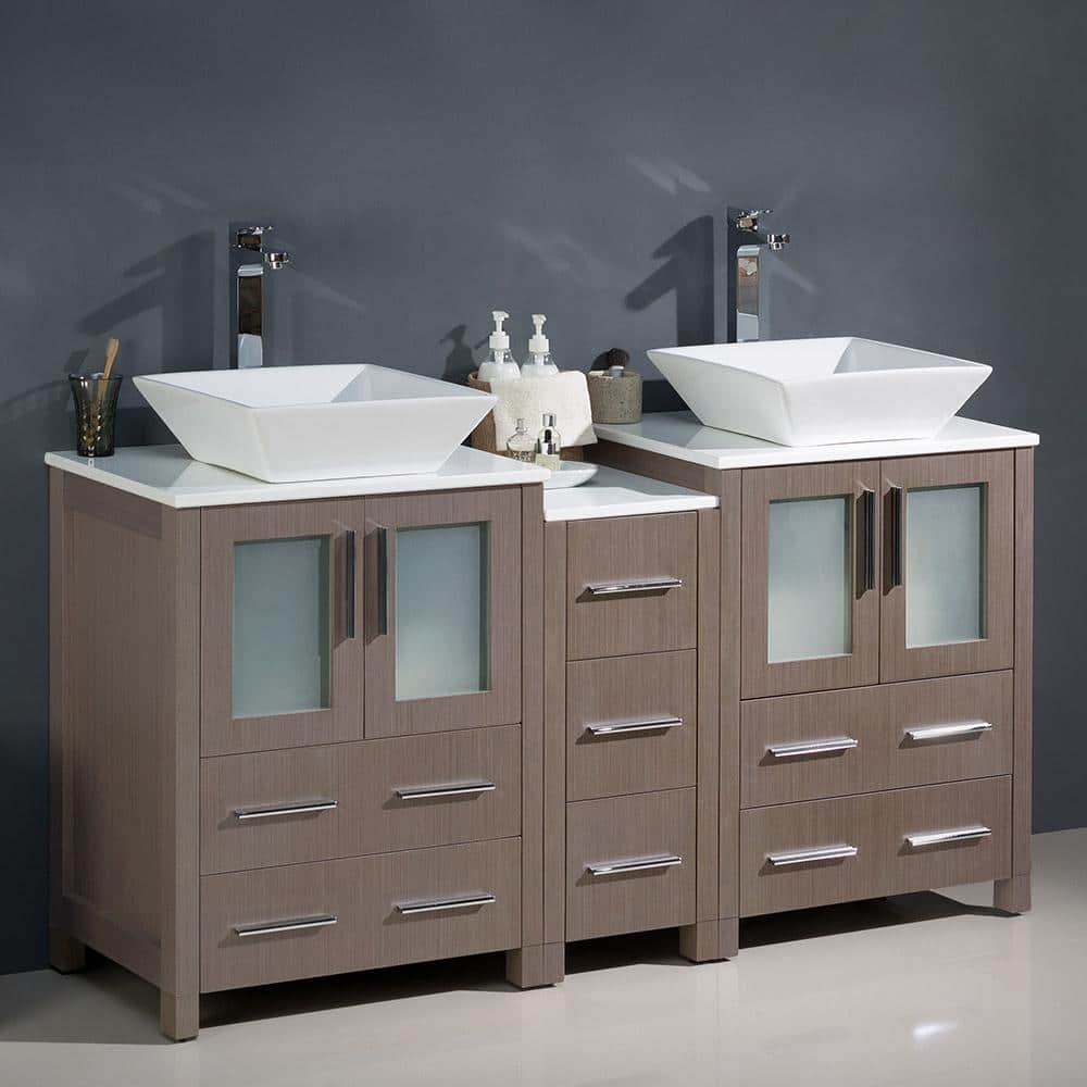 Gray Oak 60" Double Vessel Sink Freestanding Vanity with Ceramic Top