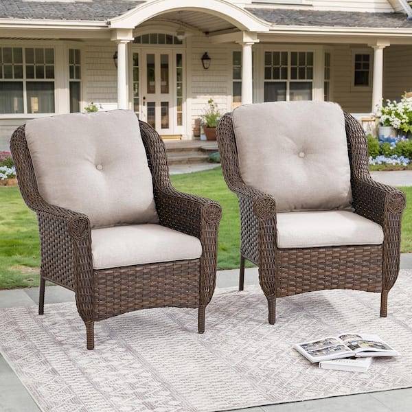 Chryswirl Metal and Brown Wicker Outdoor Lounge Chair with Olefin Beige Cushions (2-Pack)