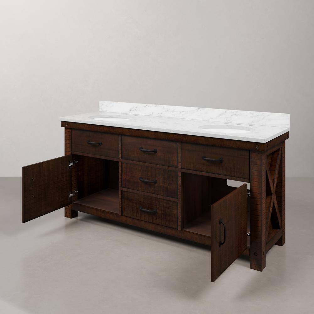 Aberdeen 72" Double Sink Rustic Sierra Vanity with Carrara White Marble Top