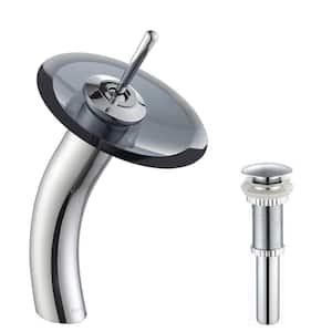 Single Handle Waterfall Bathroom Vessel Sink Faucet in Polished Chrome with Glass Disk in Gray
