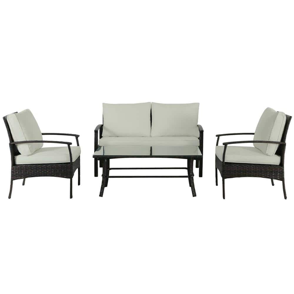4-Piece Brown Wicker Patio Conversation Set, Sofa Set with Beige Cushions and Coffee Table