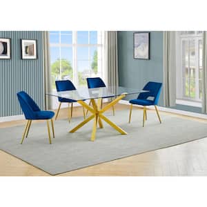 Tom 5-Piece Rectangle Glass Top With Gold Stainless Steel Table Set, Seats 4-Navy Blue Velvet Chair.