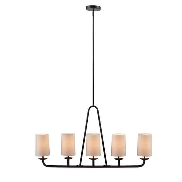Modern 5-Light Oil Rubbed Bronze Metal Frame Linear Chandelier with Tapered Drum Fabric Shade, Adjustable Height