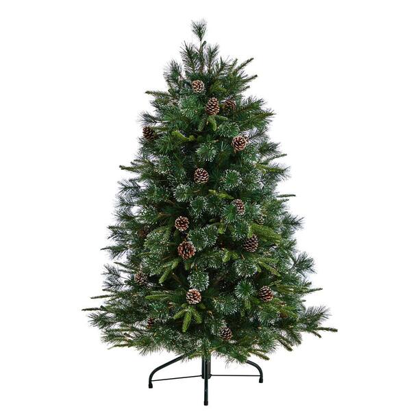 Nearly Natural 5 Ft Snowed Tipped Clermont Mixed Pine Artificial Christmas Tree With Clear Lights Pine Cones And Bendable Branches T3043 The Home Depot