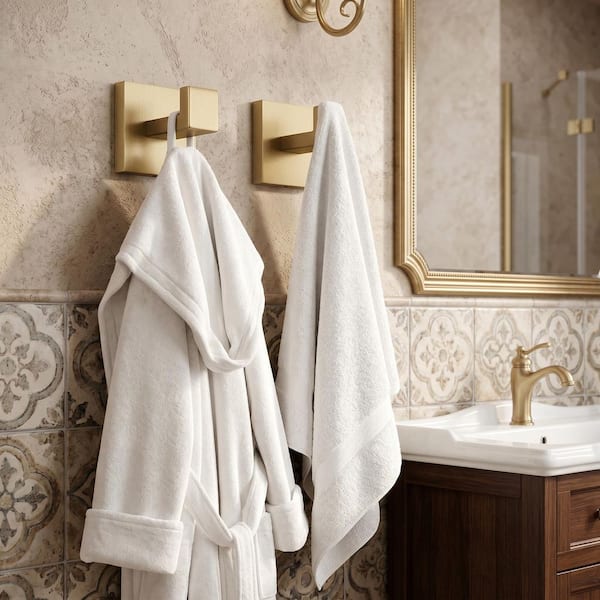 Stainless Steel Wall-Mounted J-Hook Bathroom Robe/Towel Hook in Brushed Gold (2-Pack)