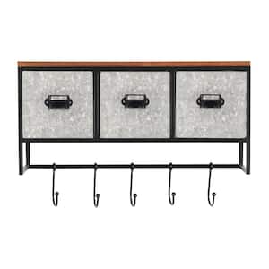StyleWell 15 in. H x 22 in. W x 9 in. D Wood, Black and Galvanized Metal Wall Organizer with 3 Cubbies and 5 Hooks