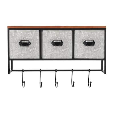 15 in. H x 22 in. W x 9 in. D Wood, Black and Galvanized Metal Wall Organizer with 3 Cubbies and 5 Hooks