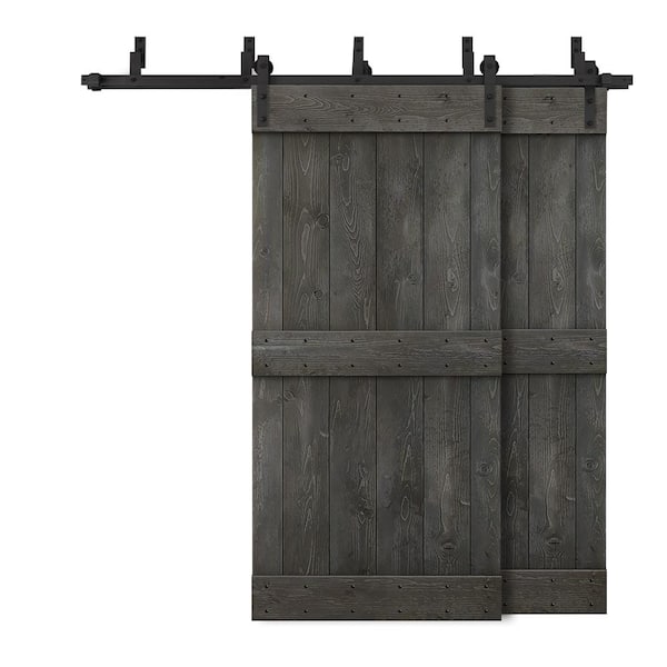 CALHOME 40 in. x 84 in. Mid-Bar Bypass Charcoal Black Stained DIY Solid Wood Interior Double Sliding Barn Door with Hardware Kit