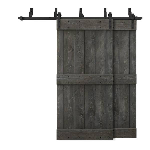 CALHOME 64 in. x 84 in. Mid-Bar Bypass Charcoal Black Stained DIY Solid Wood Interior Double Sliding Barn Door with Hardware Kit