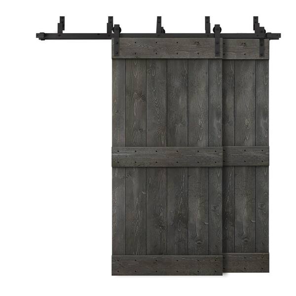 CALHOME 80 in. x 84 in. Mid-Bar Bypass Charcoal Black Stained DIY Solid Wood Interior Double Sliding Barn Door with Hardware Kit