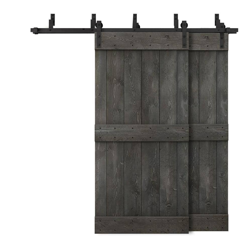 CALHOME 96 in. x 84 in. Mid-Bar Bypass Charcoal Black Stained DIY Solid Wood Interior Double Sliding Barn Door with Hardware Kit -  6XBP+MK96+(2)03-48DT